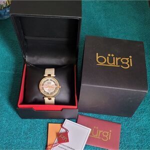 Burgi Beige Satin Strap Gold-Tone Diamond Dial Ladies  dress Watch